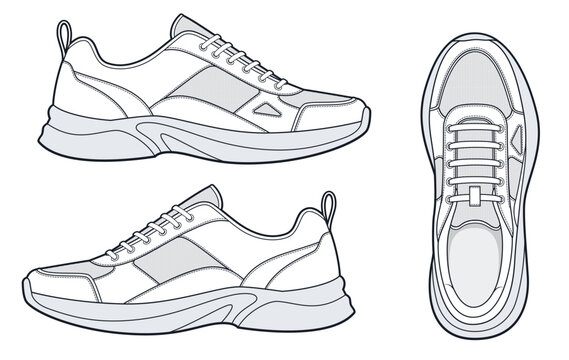 Athletic Sneaker Fashion Flat Technical Drawing Template, outline, lateral, medial and top views, Footwear CAD Mockup.