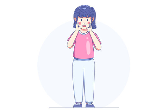 Young girl holding her cheeks with a surprised facial expression, showing shock, amazement, and emotional reaction