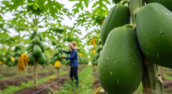 papaya plantation with farmer