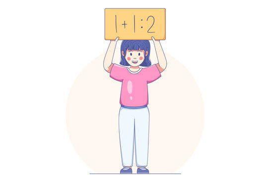 Asian girl holding board with basic math equation in elementary school education concept