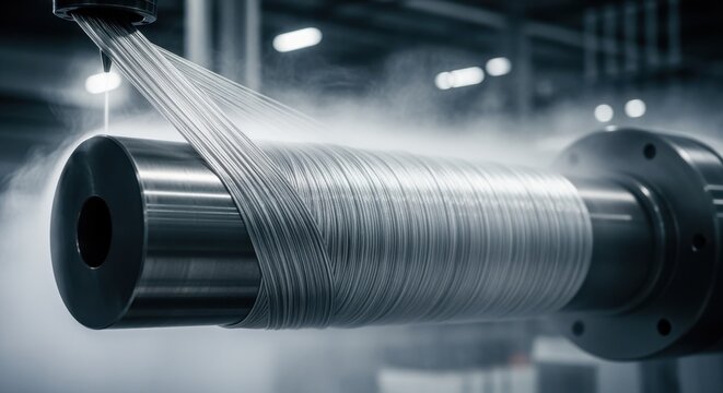 Side view of a rotating mandrel being gradually coated with composite fibers during cryogenic tank fabrication in aerospace manufacturing.