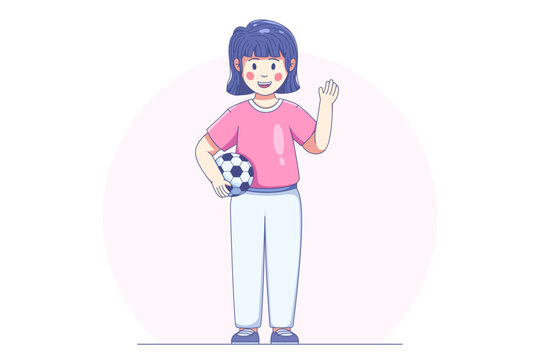 Asian girl holding soccer ball and waving hand in youth sports and active lifestyle concept