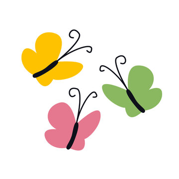 Three butterflies with colorful wings isolated on light background. Cute spring insect flat vector illustration. Design for Easter card and home decor