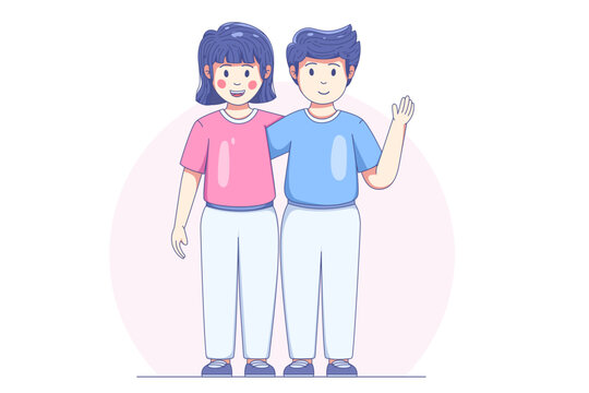 Cheerful cartoon boy and girl standing together, boy waving with arm around girl's shoulder