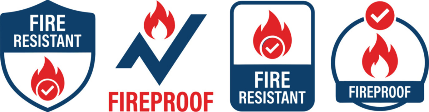 Fireproof and Fire Resistant Certification Label Icon Set Featuring Shield Badges Flame Symbols and Safety Guarantee Certification Marks