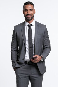 Professional businessman smiling and holding smartphone