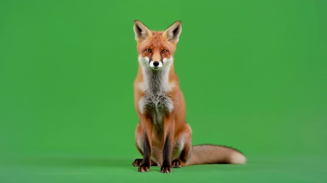 Playful red fox on green studio background video sequence