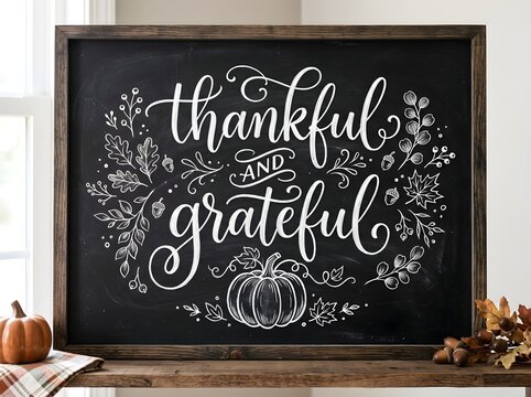 A rustic wooden framed chalkboard sign featuring elegant white hand lettering that says thankful and grateful with a decorative pumpkin illustration for autumn