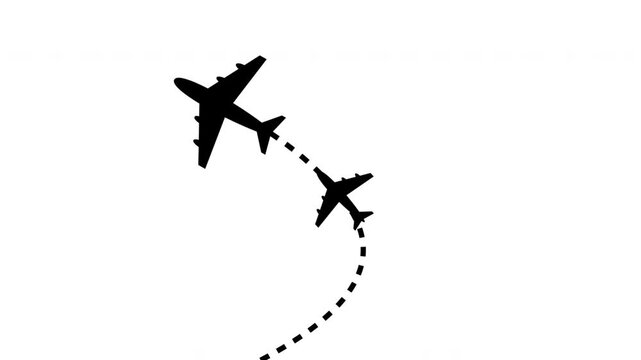 Two airplanes, one large and one small, follow separate dashed paths across white background, representing flight and travel.