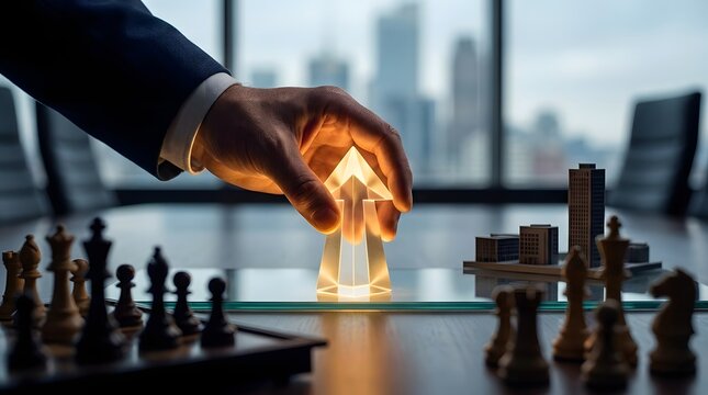 Business strategy concept with a hand placing a glowing upward arrow piece on a chessboard with miniature buildings