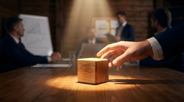 Business concept of a unique idea or solution represented by a wooden cube on a table in a boardroom meeting