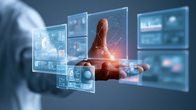 hand with virtual interface and glowing screen