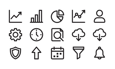 Fototapeta premium Essential business analytics and data visualization vector line icons pack set.