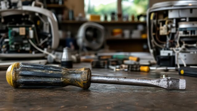 Tools and parts are spread across a workspace where people work on repairing machines and appliances at a local repair shop