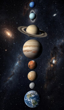 3D Solar System Planetary Alignment Illustration with Milky Way Galaxy Background