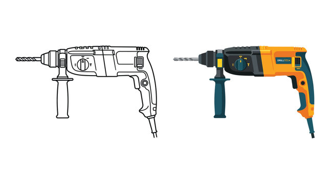 Electric drill illustration flat vector design with colored and outlined versions