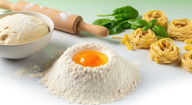 pasta ingredients, flour, egg, basil, rolling pin
