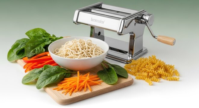 Pasta maker machine with ingredients on cutting board