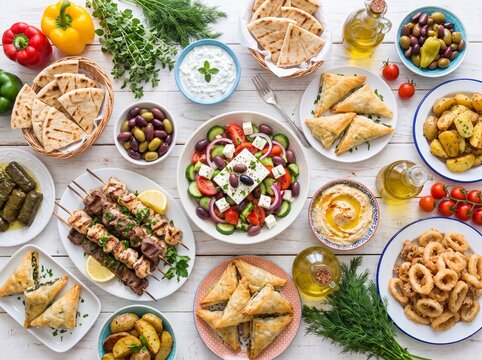 Top view of a traditional greek food spread featuring grilled chicken skewers with pita bread and tzatziki sauce alongside greek salad and fried calamari on a white rustic wooden table