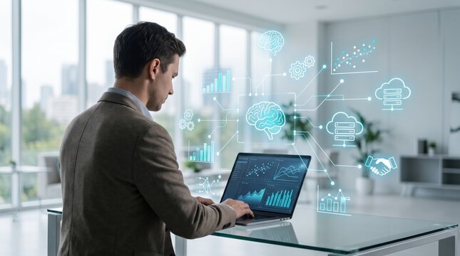 Businessman analyzing data charts and graphs on laptop with holographic interface showing artificial intelligence brain icons cloud computing and digital transformations in office