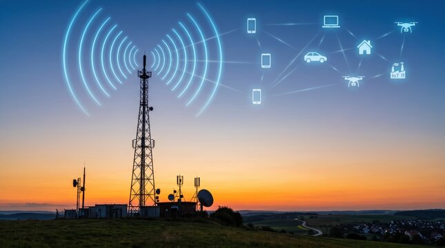 Smart city IoT with telecommunication tower at sunset, connecting devices like drones, cars, homes, wireless signal waves, 5G network coverage, future urban technology