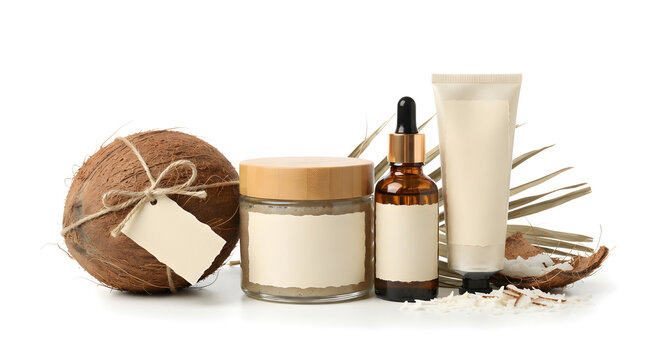 Coconut and cosmetic products isolated on a white background with a fresh tropical fruit theme.