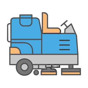 Side profile icon of a modern ride-on industrial floor scrubber machine with clean monoline shapes and geometric design isolated on white. Industrial cleaning concept