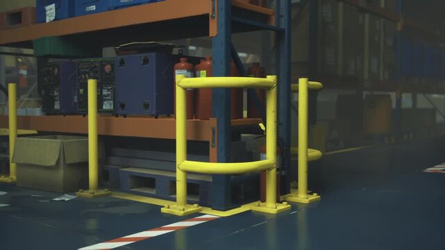 Bright yellow safety barriers stand guard around a storage area filled with electrical equipment and containers in a busy industrial warehouse during the day.