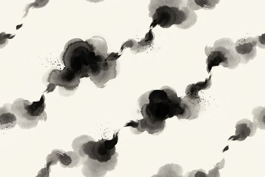 Repeating pattern of dark black ink clouds painted with a brush, abstract watercolor style on a light cream background, seamless texture