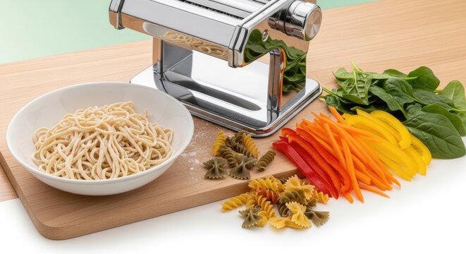 pasta maker with ingredients on wooden board