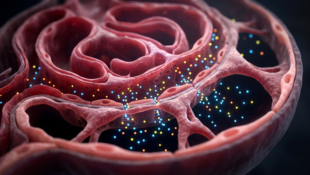 3D medical illustration of proton pumping and oxidative phosphorylation across the inner mitochondrial membrane during ATP synthesis