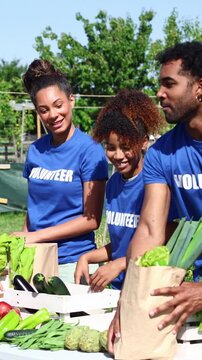 Volunteers donating fresh vegetables to senior woman at community garden