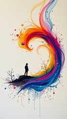 Obraz premium Clean vibrant swirling colors person silhouette elements resting on a premium minimalist organic linen shade background