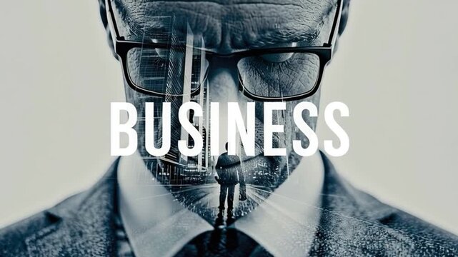 Business man with glasses, suit, tie, city reflection, office portrait, modern corporate concept with urban silhouette and serious face