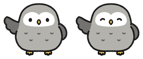 片翼をあげるフクロウのイラストセット © とりあいす