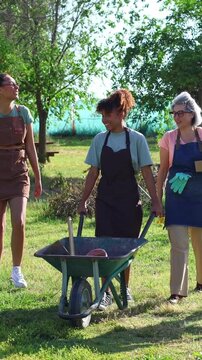 Multiethnic group of gardeners walking with wheelbarrow