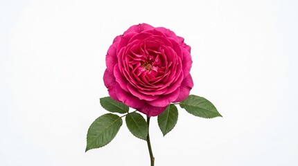 Fototapeta premium Single Pink Rose Blossom Isolated on White Background, Romantic Floral Beauty with Green Leaf and Petal Detail for Love, Valentine, Nature, and Elegant Gift Concept