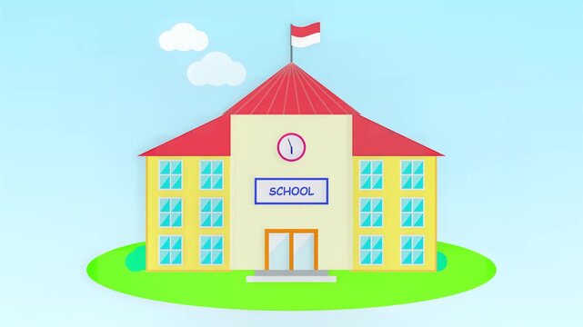 Colorful animated school building with flag, clock, and sign, symbolizing education and learning
