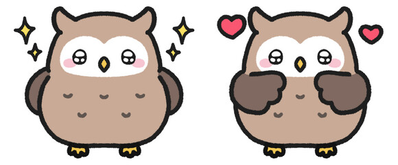 Fototapeta premium キラキラとした目で嬉しそうなミミズクのイラストセット