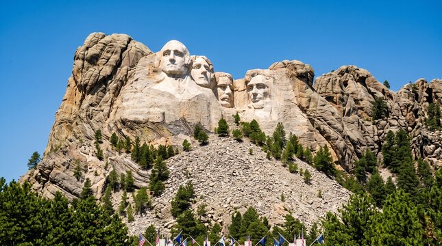 Mount rushmore monument with carved presidents in rocky mountain landscape