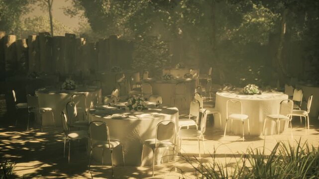 Tables adorned with white linens and floral centerpieces are arranged in a tranquil garden. Sunlight filters through trees, creating a magical atmosphere, perfect for a special event.