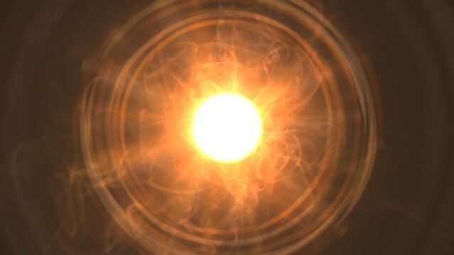 Bright orb radiates warmth through swirling golden light. Circles pulse with energy