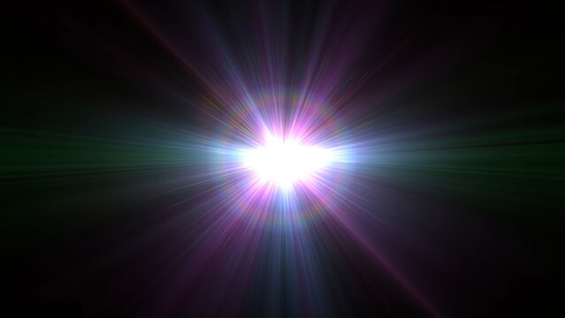Bright light bursts from center, radiating vivid hues. Purple, green. Energy pulses with dynamic