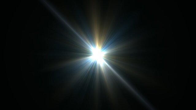 Bright starburst radiates against pitch-black background. Light beams flare outward with crisp