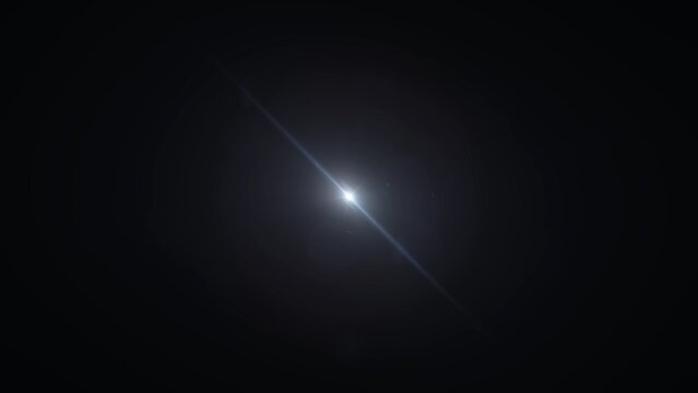 Single bright light pulses in deep black space. Flare radiates diagonally, soft and glowing