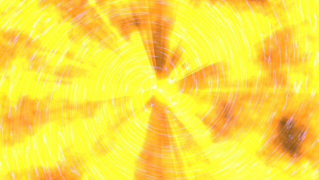 Vibrant yellow swirls radiate outward from a central point. Blurred motion creates a dynamic