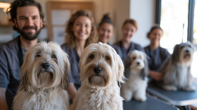A dog grooming salon hosts a diverse group of trainees in a luxury interior pet spa, multiple breed dogs on elevated tables, group dynamic capturing vocational instruction and