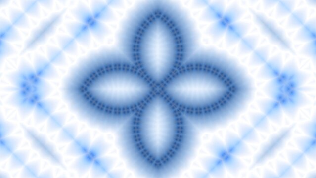 Abstract blue pattern radiates from a central four-leaf shape. Soft gradients create a calm