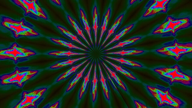 A vibrant and colorful kaleidoscope design featuring star-shaped patterns with neon hues radiating from the center, creating a mesmerizing visual spectacle.