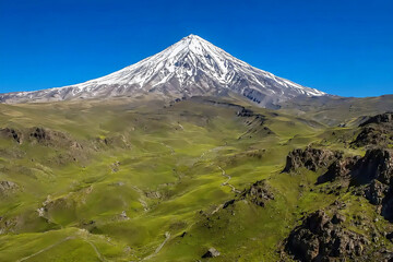 Fototapeta premium Snow Capped Mount Damavand Volcano Above Green Valley Alborz Mountains Iran